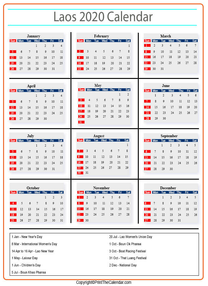 Laos Calendar 2020